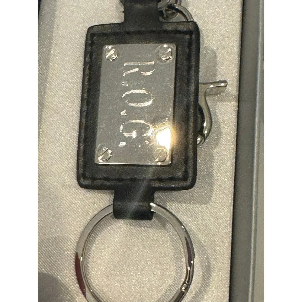 ROG Black Leather Silver Metal Plaque Keychain Keyring R.O.G. Swivel Clasp Clip